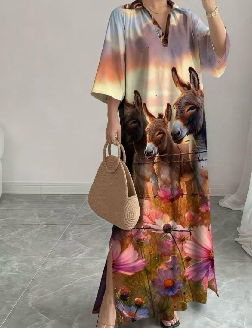Maxi Long Dress Donkey and Cosmos V-Neck
