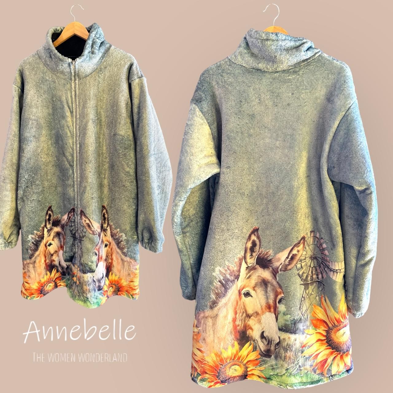 A-Line Sheeps Fleece Coat Donkey & Sunflowers GREEN BACKGROUND