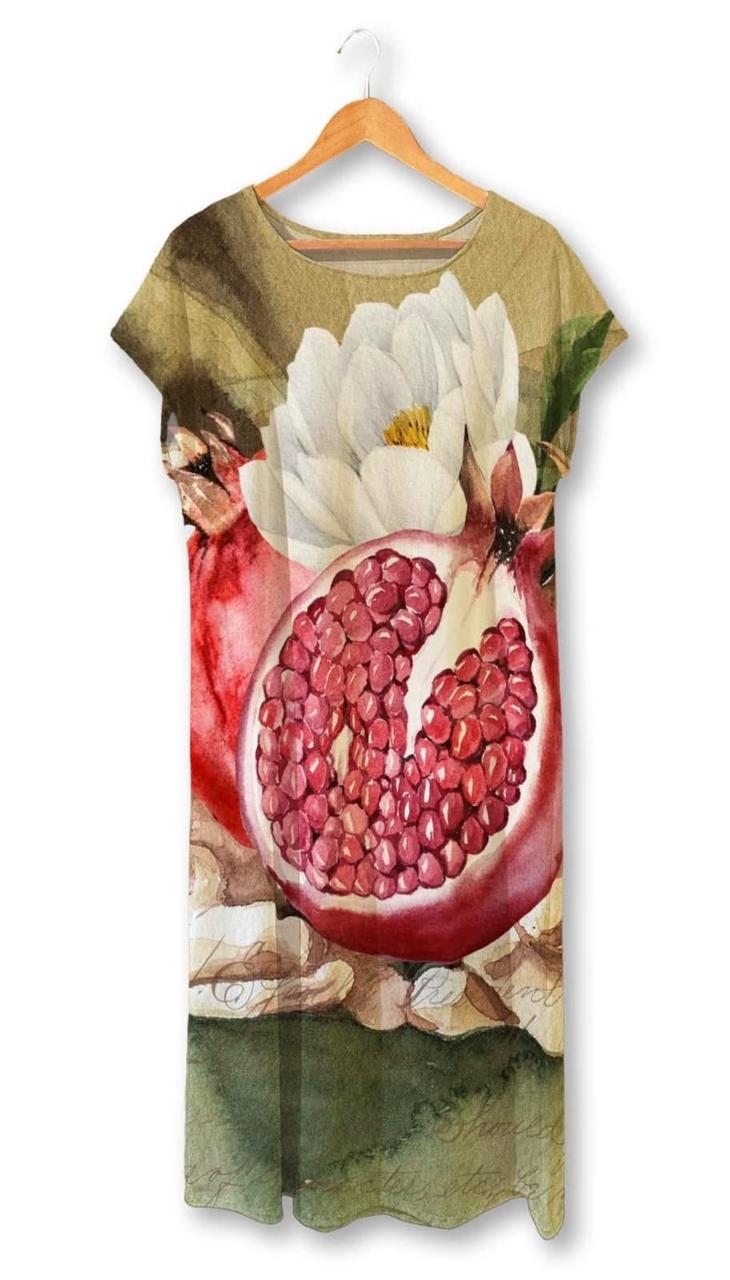 Custom Printed Midi Dress with Cap Sleeve Pomegranates