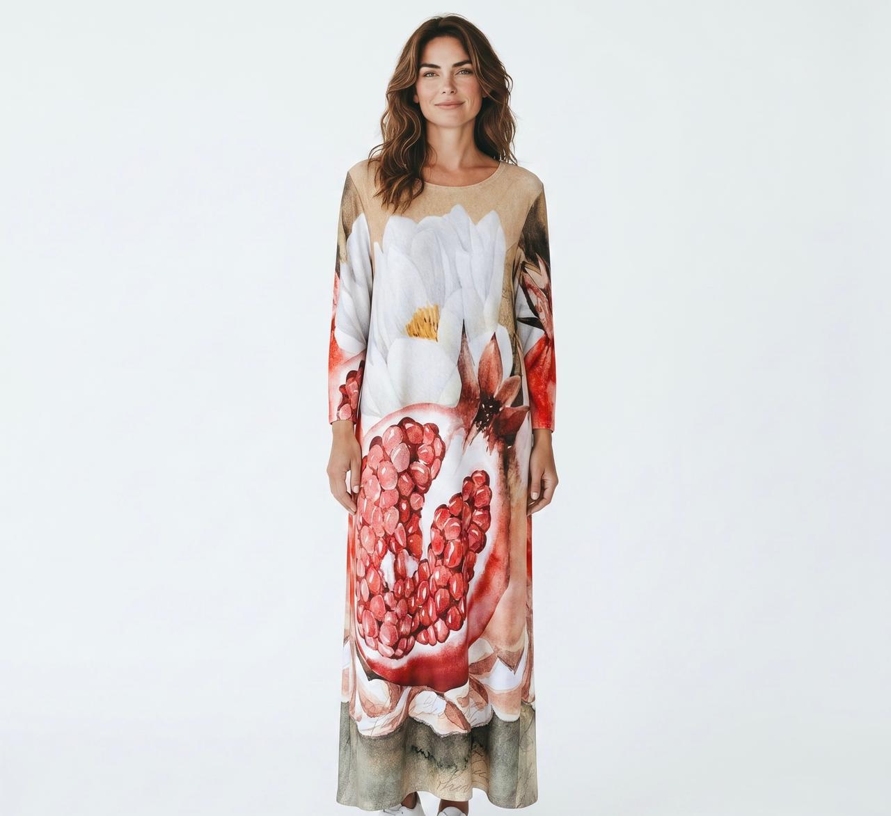A-Line Maxi Long Dress Custom Printed Hands and Pomegranates
