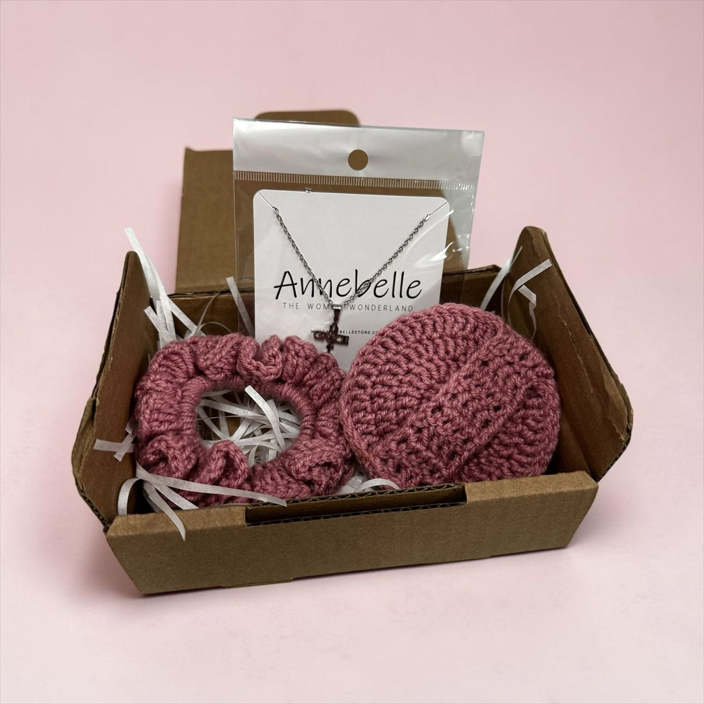 Pink Crochet Scrunchie and Face Scrubby with Amazing Grace Stainless Steel Necklace