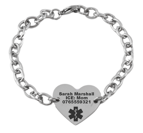 Medical Alert Personalized Heart Charm Bracelet