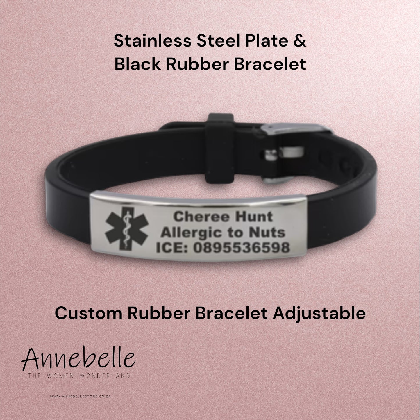 CUSTOM Stainless Steel Plate and Black Rubber Bracelet Unisex