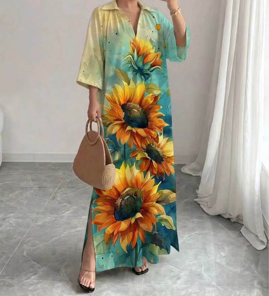Supplier Maxi Long Dress Sunflowers V-Neck