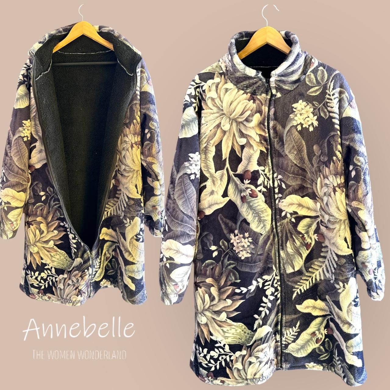 A-Line Sheeps Fleece Coat Florals and Palms