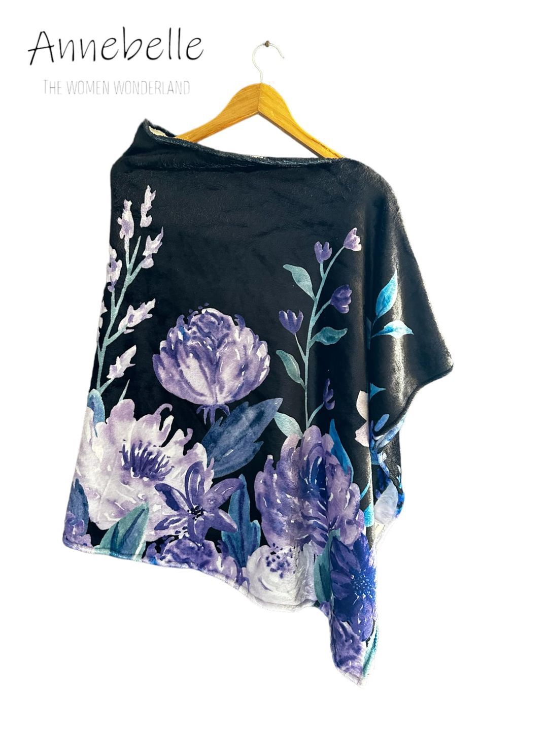 Coral Fleece Black with Florals Poncho