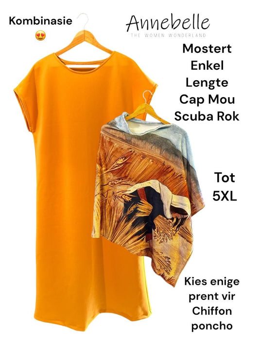 Mustard Midi Cap Sleeve Dress with Custom Poncho