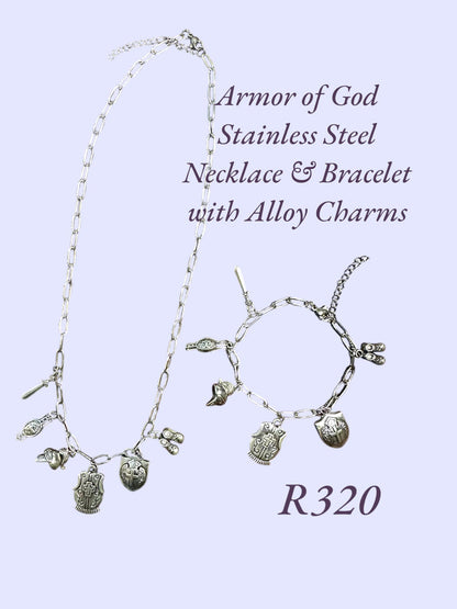 Stainless Steel Armor of God Necklace & Bracelet with Alloy Charms - Paperclip