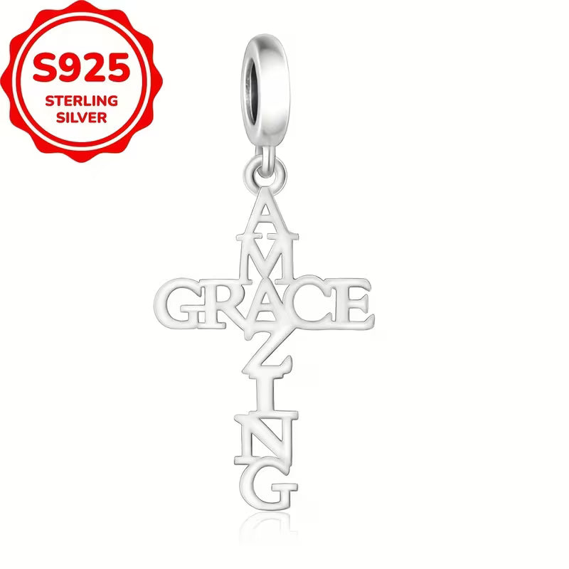 S925 Silvery AMAZING GRACE Cross Design Bracelet or Necklace Charm