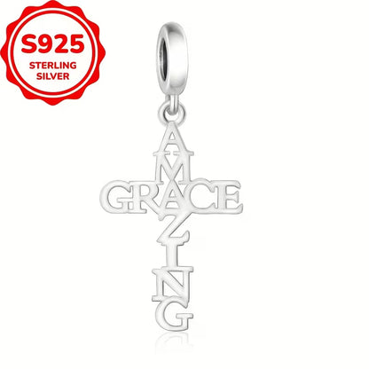 S925 Silvery AMAZING GRACE Cross Design Bracelet or Necklace Charm