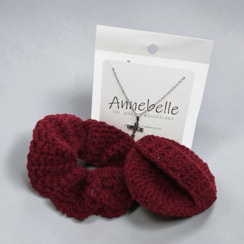Maroon Crochet Scrunchie and Face Scrubby with Amazing Grace Stainless Steel Necklace