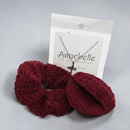 Maroon Crochet Scrunchie and Face Scrubby with Amazing Grace Stainless Steel Necklace