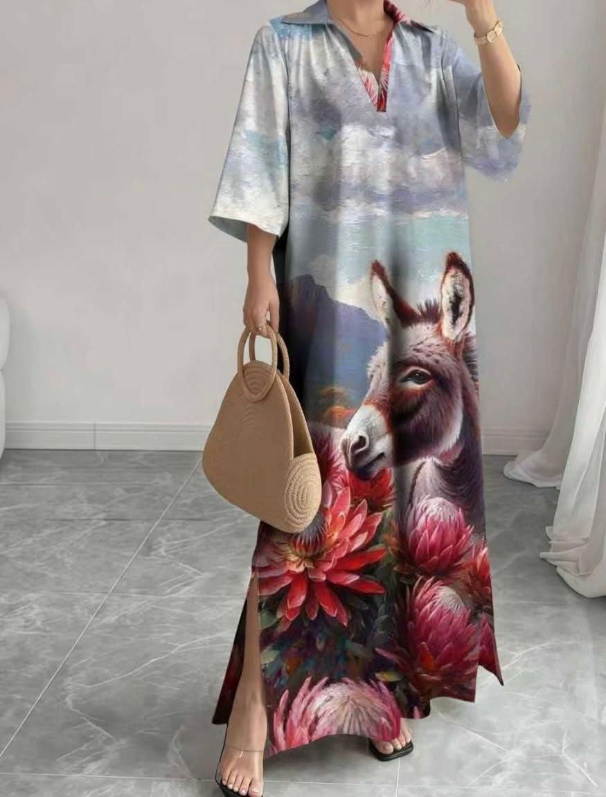Maxi Long Dress Donkey and Proteas V-Neck