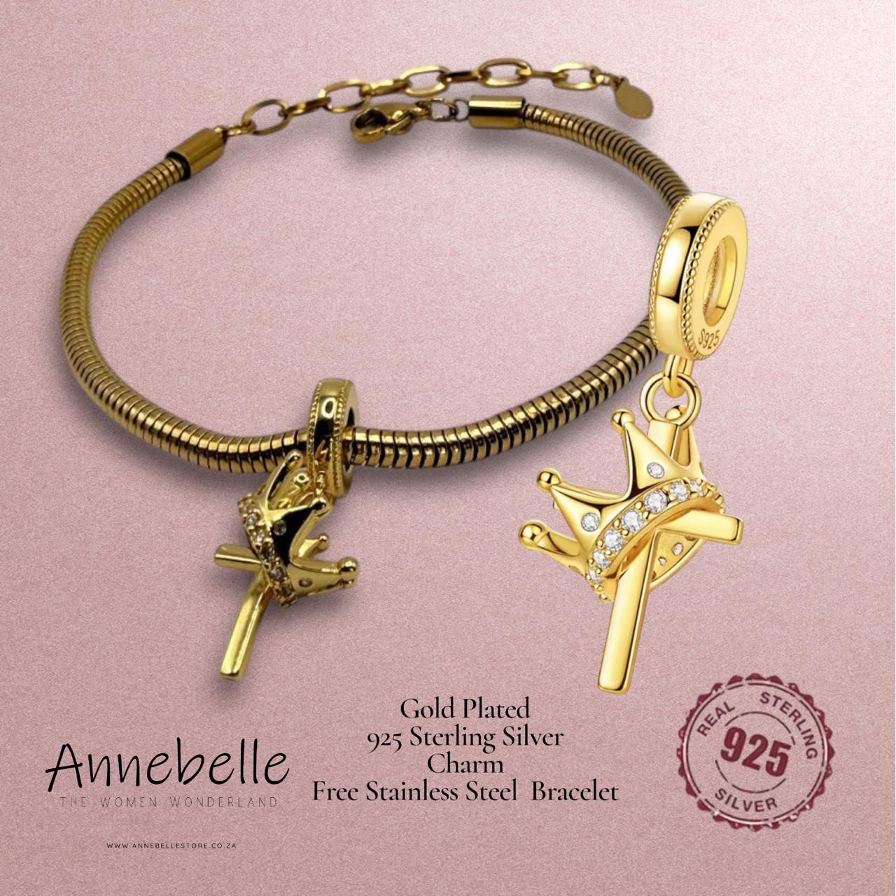 18K Gold Plated 925 Sterling Silver Cross and Crown Charm with Free Bracelet