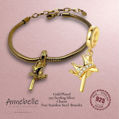 18K Gold Plated 925 Sterling Silver Cross and Crown Charm with Free Bracelet