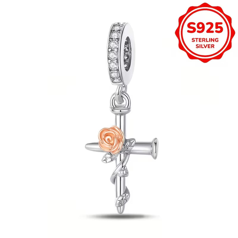 S925 Silver Cross-shaped Rose Cubic Stone Charm