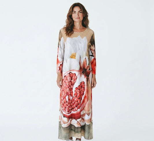 A-Line Maxi Long Dress Custom Printed Hands and Pomegranates