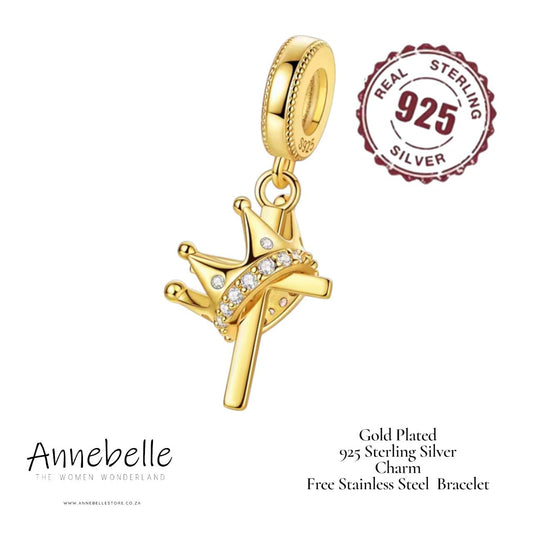 18K Gold Plated 925 Sterling Silver Cross and Crown Charm with Free Bracelet