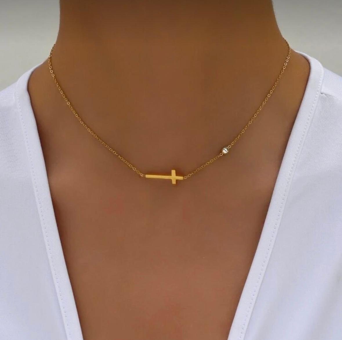 Stainless Steel Gold Plated Crystal Cross Necklace