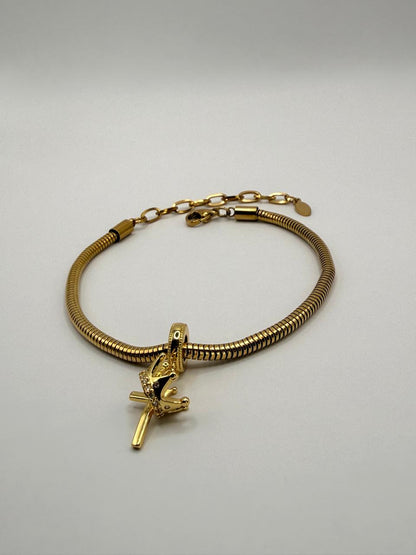 18K Gold Plated 925 Sterling Silver Cross and Crown Charm with Free Bracelet