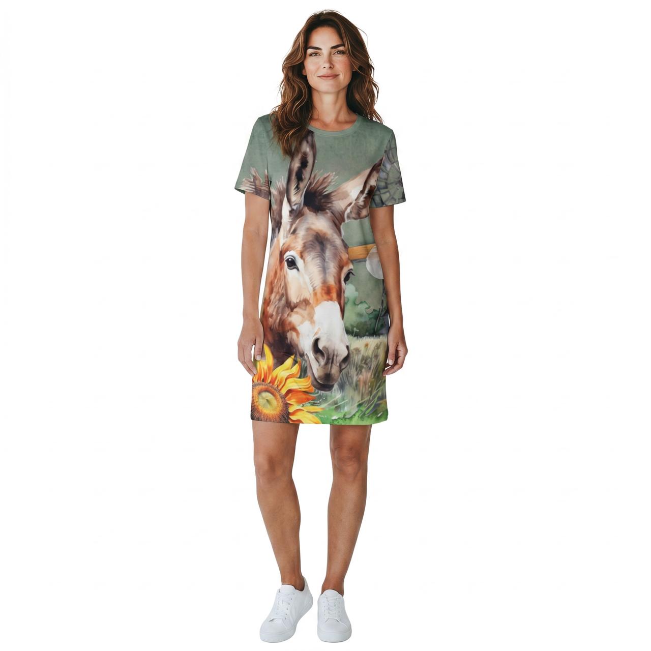 A-Line Short Dress Custom Printed Donkey & Sunflowers