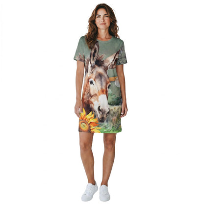 A-Line Short Dress Custom Printed Donkey & Sunflowers