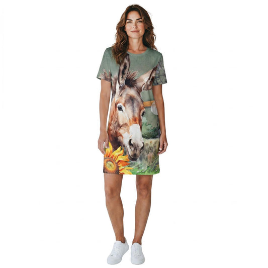 A-Line Short Dress Custom Printed Donkey & Sunflowers