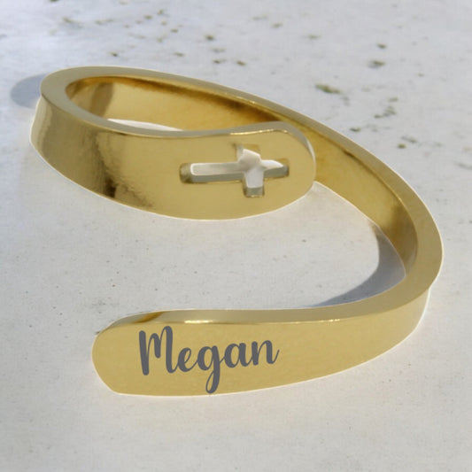 Adjustable Gold Plated CUSTOM Engraved Cross Ring