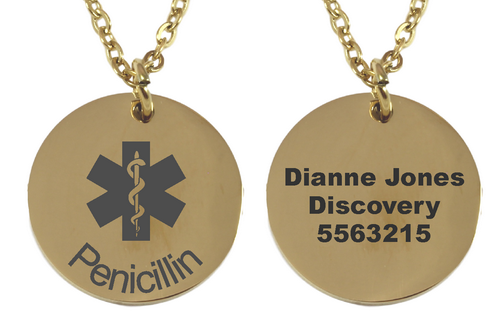 Personalized Medical Alert Gold Plated Round Pendant and Chain