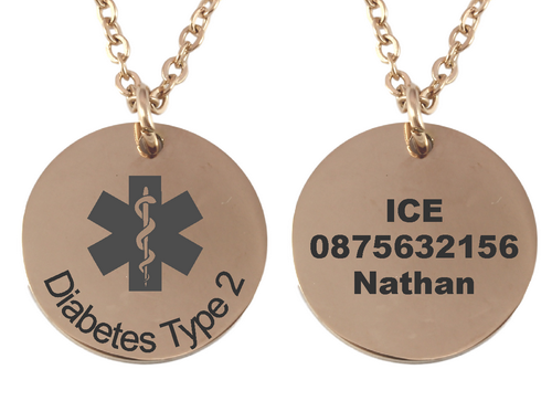 Personalized Medical Alert Rose Gold Plated Round Pendant and Chain