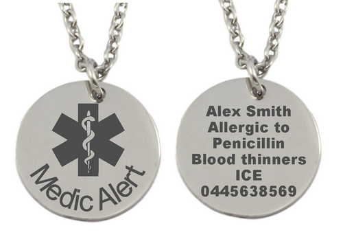 Personalized Medical Alert Round Pendant and Chain