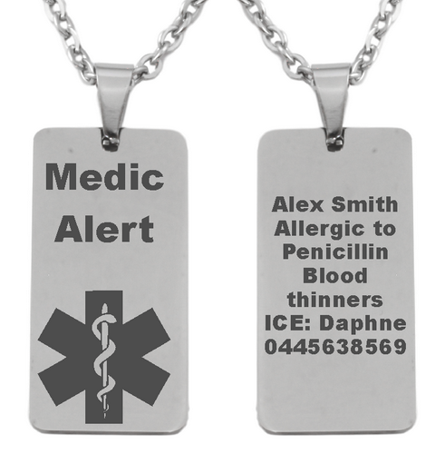 Personalized Medical Alert Stainless steel Dog Tag Pendant and Chain