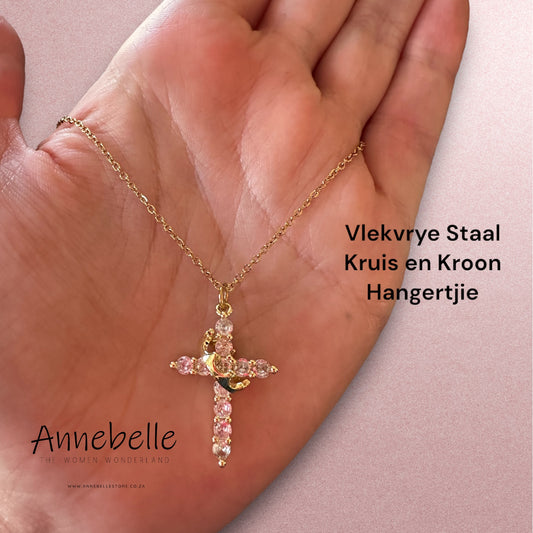 Stainless Steel Gold Plated Cross and Crown Necklace
