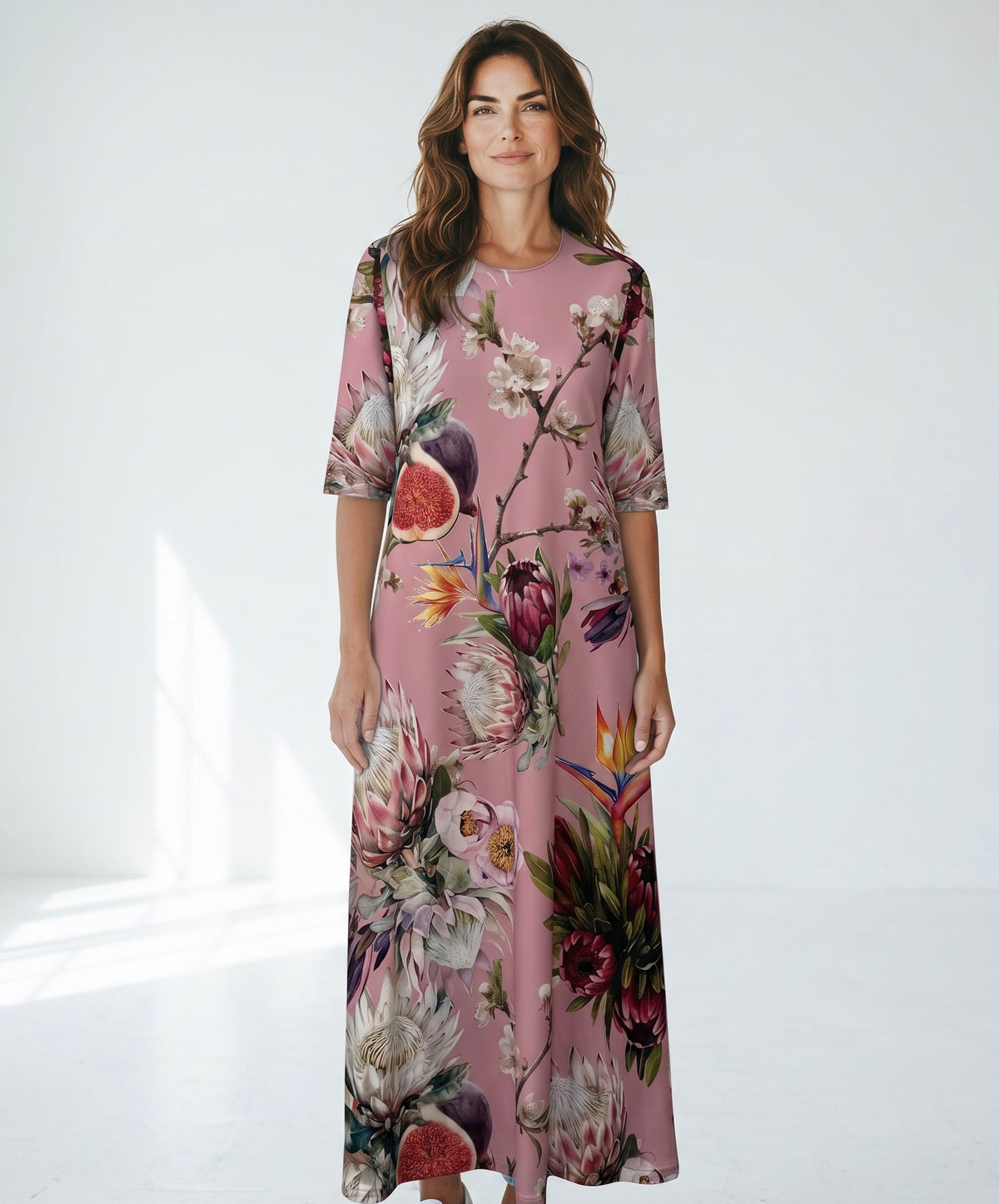 A-Line Maxi Long Dress Custom Printed Protea Pink & Figs