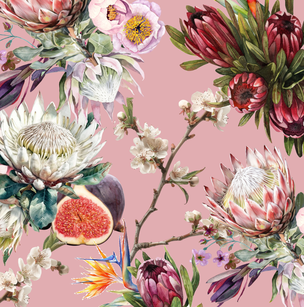 A-Line Maxi Long Dress Custom Printed Protea Pink & Figs