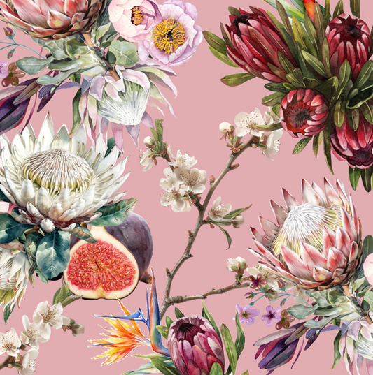 A-Line Maxi Long Dress Custom Printed Protea Pink & Figs