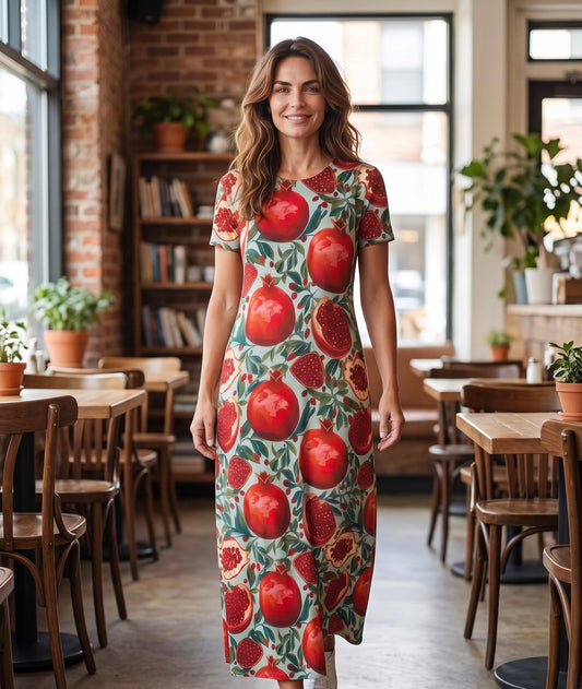 A-Line Maxi Long Dress Custom Printed Pomegranates