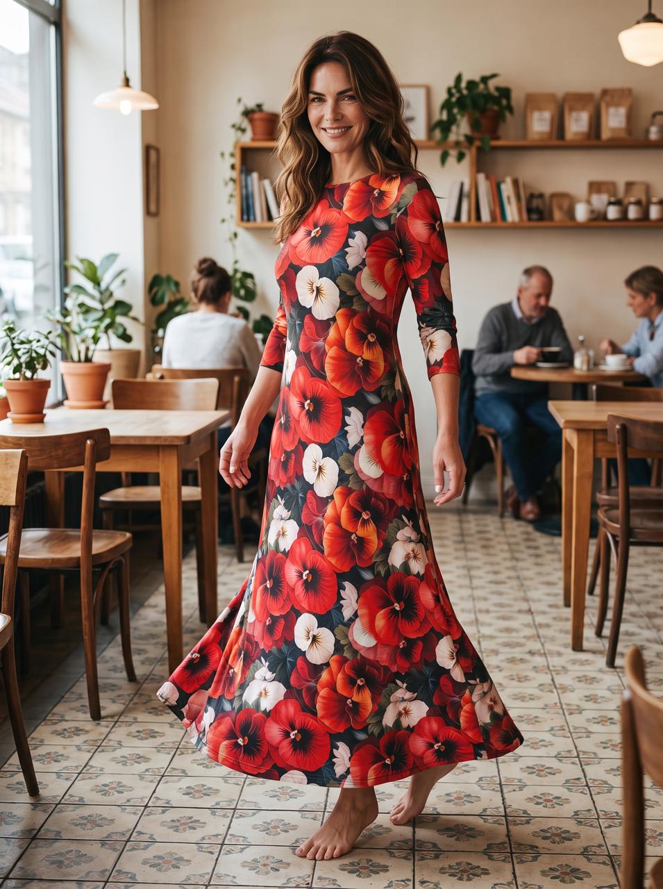 A-Line Maxi Long Dress Custom Printed Pansy Red