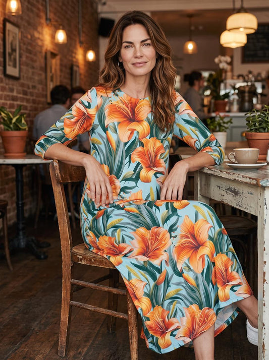 A-Line Maxi Long Dress Custom Printed Daylilies