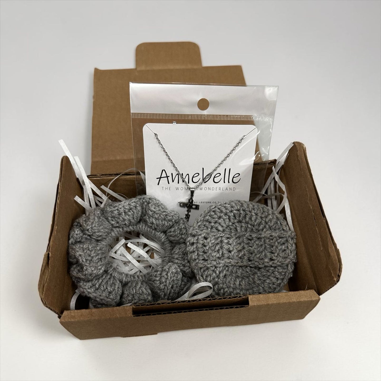 Grey Crochet Scrunchie and Face Scrubby with Amazing Grace Stainless Steel Necklace