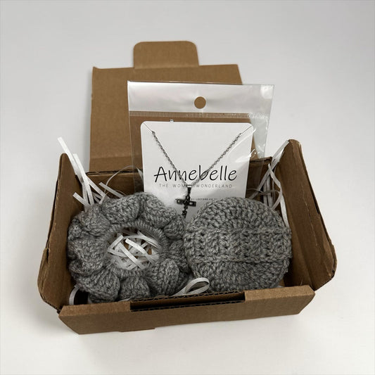 Grey Crochet Scrunchie and Face Scrubby with Amazing Grace Stainless Steel Necklace