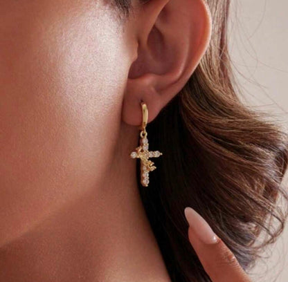 Stainless Steel Cross and Crown Earrings Gold Plated