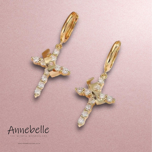 Stainless Steel Cross and Crown Earrings Gold Plated