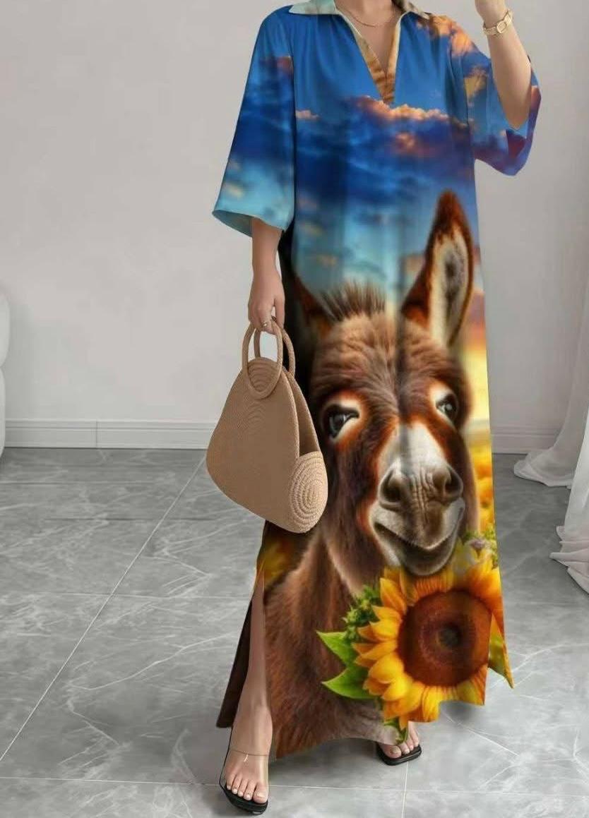 Supplier Maxi Long Dress Donkey and Sunflowers V-Neck