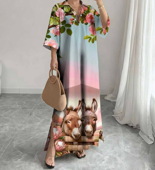Supplier Maxi Long Dress Donkey and Roses V-Neck