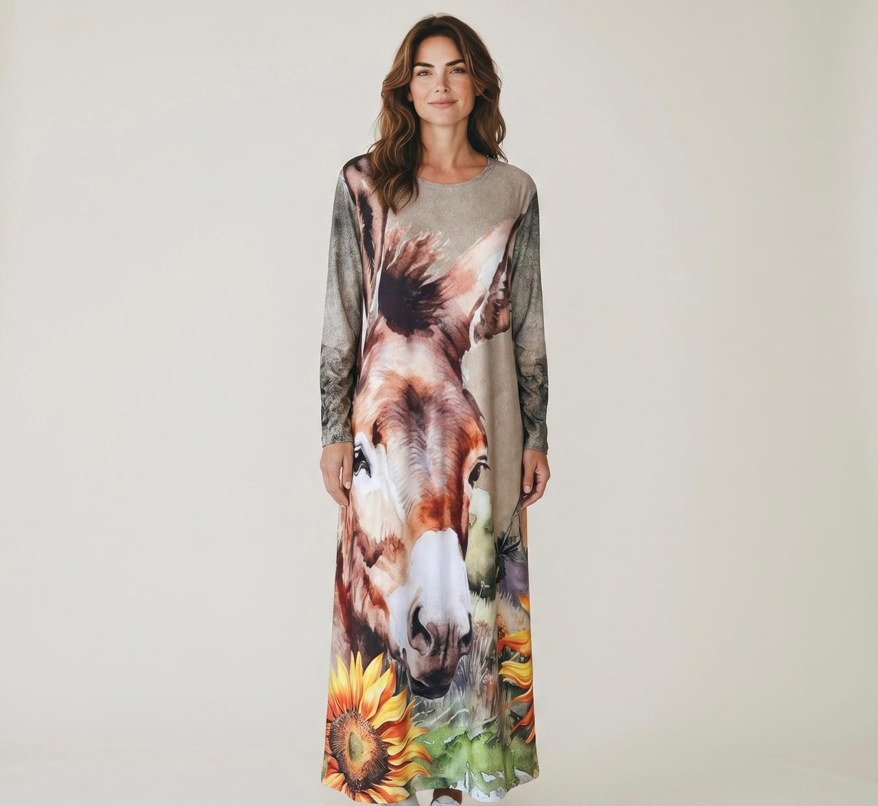 A-Line Maxi Long Dress Custom Printed Donkey & Sunflowers