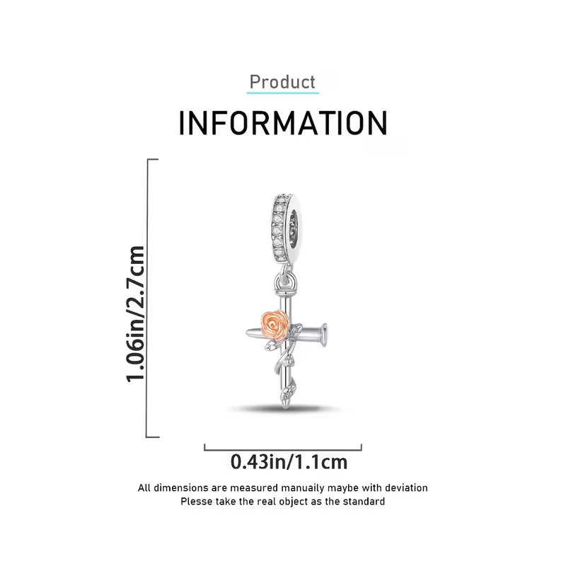 S925 Silver Cross-shaped Rose Cubic Stone Charm