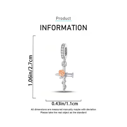 S925 Silver Cross-shaped Rose Cubic Stone Charm